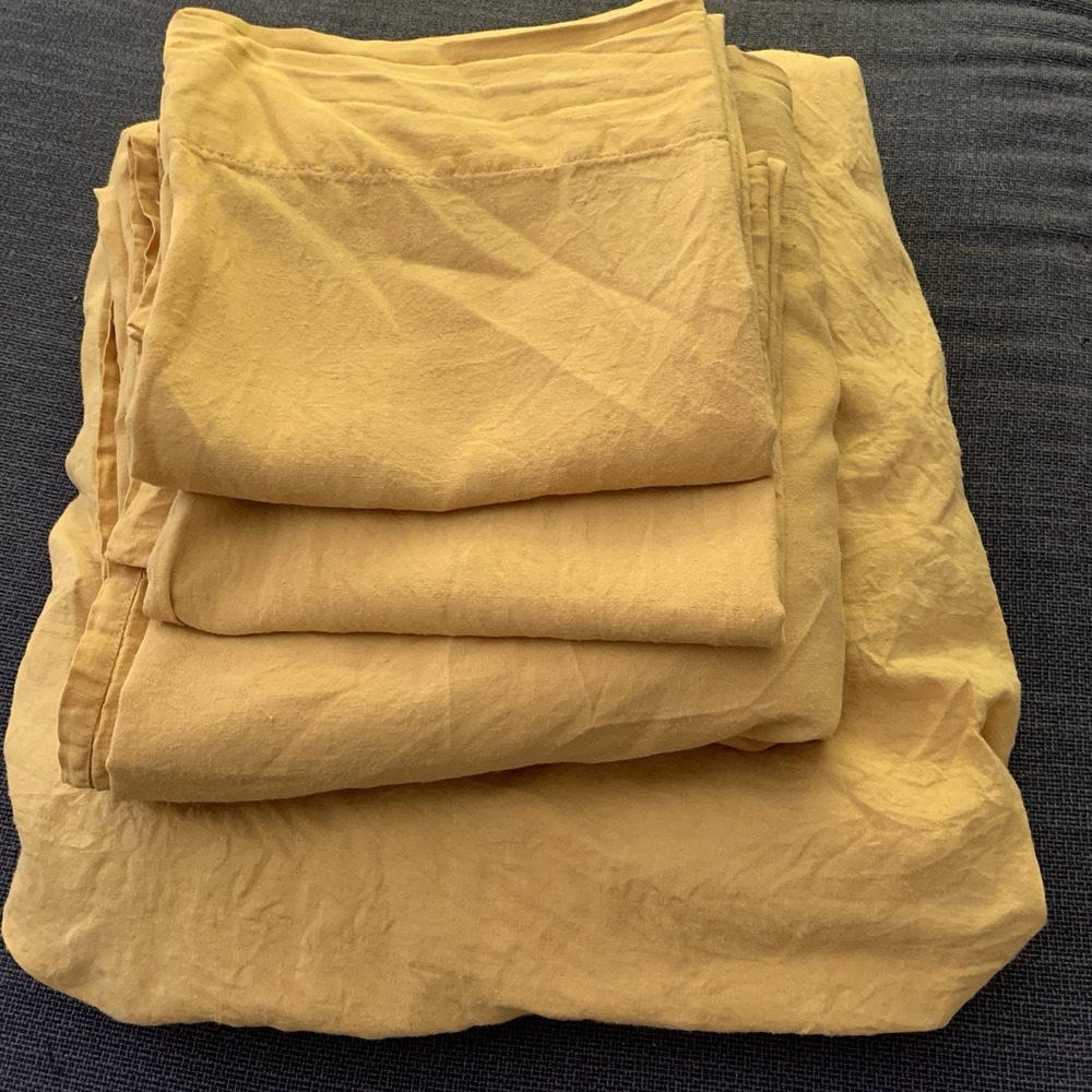 Crate & Barrel linen SHEET Set Fitted Flat Pillowcase Queen Mustard Gold Yelllow